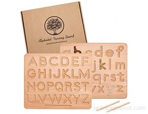 Montessori Planche à tracer en bois double face avec lettres majuscules et minuscules Jouet éducatif pour développement de la motricité fine 25 4 x 20 3 x 1 cm