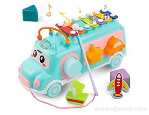 DeeXop Baby Toys 12-18 Months+ Activity Cube Toy Bus include Xilofono Shape Sorter Pull Along Toys per 1 anno Toddler giocattoli educativi per lo sviluppo musicale e forma