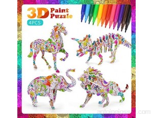 SUNNYPIG DIY Arts Crafts Puzzle Kit Best Toy Gift for Kids Girls Boys Educational Painting Crafts Kit Birthday Gift Toy for Kids Children with 4 Animals Puzzles with 12 Pen Markers