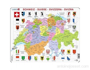 Larsen K43 Carte Politique de la Suisse édition Multilingue Allemand/Français/Italien Puzzle Cadre avec de 70 pièces