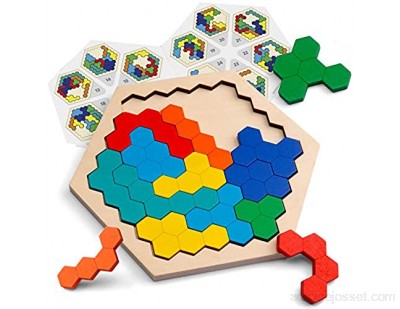 Coogam en Bois Hexagone Puzzle - Forme Bloc Tangram Casse-tête Jouet Géométrie Logique IQ Jeu STEM Montessori Cadeau Éducatif pour Tous Les Ages Défi