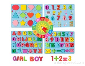 Coriver Lot de 5 puzzles colorés en bois avec alphabet ABC/chiffres/formes géométriques/réveil/jouet pour enfants en bas âge apprentissage précoce et développement éducatif