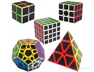 LSMY Speed Cubes 2x2x2 + 3x3x3 + 4x4x4 + Pyraminx + Megaminx 5 Pack Puzzle Magic Cubo Carbon Fiber Sticker Toy